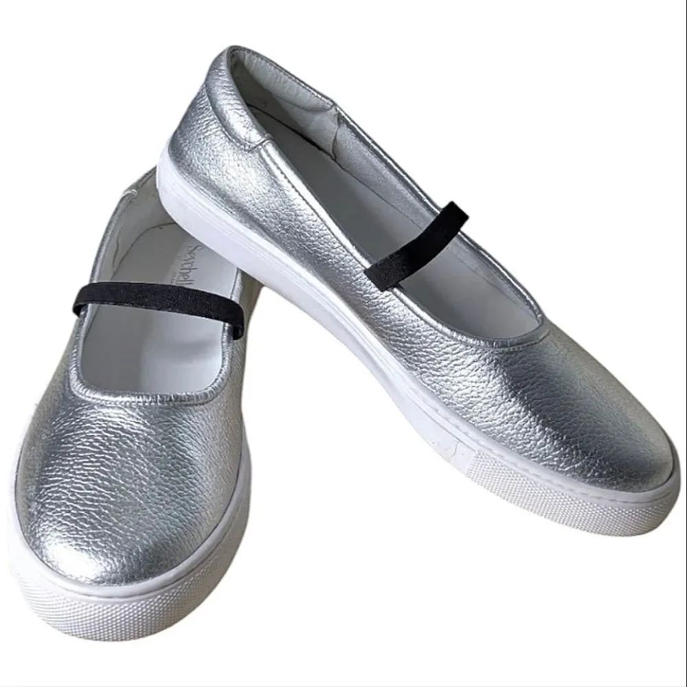 Seychelles Silver Pebbled Leather Elastic Strap Ballet Trainers Flats Size 10